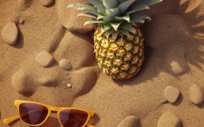 Halverad ananas och ett solglasögon hålls på sanden 164