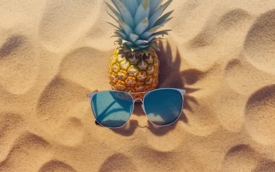 Halverad ananas och ett solglasögon hålls på sanden 168