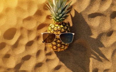 Halverad ananas och ett solglasögon hålls på sanden 170