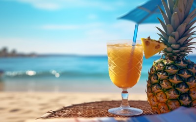 pineapple drink in cocktail glass and sand beach scene 130