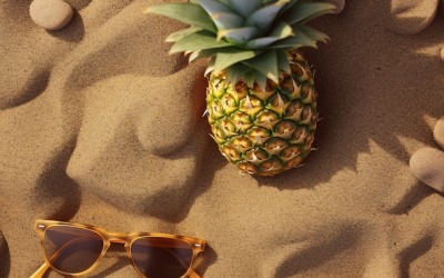 Разрезанный пополам ананас и солнцезащитные очки лежат на песке 165