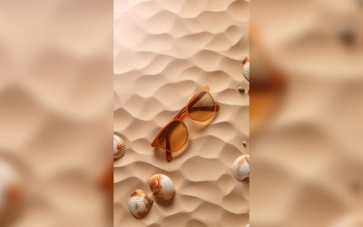 Solglasögon snäckskal och strandtillbehör på sandstrand 192