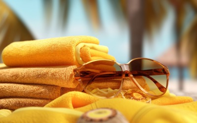 Stack of towels, sunglasses and tanning oil bottle 109