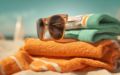 Stack of towels, sunglasses and tanning oil bottle 111