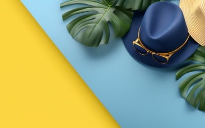 Beach accessories hat sunglasses seashells and monstera leaf 289