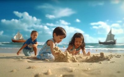 Kids playing with sand in beach scene 228