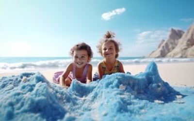 Kids playing with sand in beach scene 234