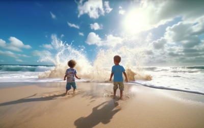 Kids playing with sand in beach scene 236