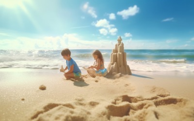 Kids playing with sand in beach scene 237