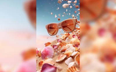 Пляжные солнцезащитные очки и ракушки, падающие на летний фон 304