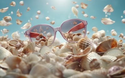 Пляжные солнцезащитные очки и ракушки, падающие на летний фон 313
