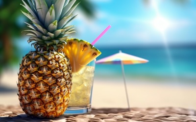 Kokteyl bardağında ananas içeceği ve kum plaj sahnesi 395