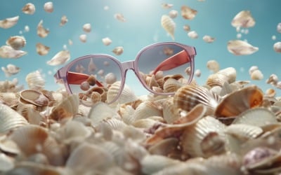 Óculos de sol de praia e conchas caindo no fundo do verão 313
