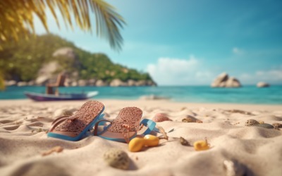 Playa tropical con accesorios para tomar el sol, vacaciones de verano 386