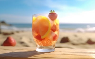 Praia de areia de verão com bebida gelada de frutas 346