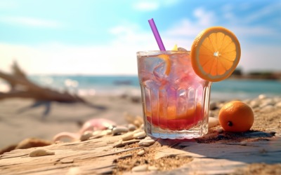 Spiaggia estiva di sabbia con bevanda ghiacciata alla frutta 352