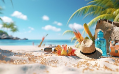 Tropisch strand met zonneaccessoires, zomervakantie 393