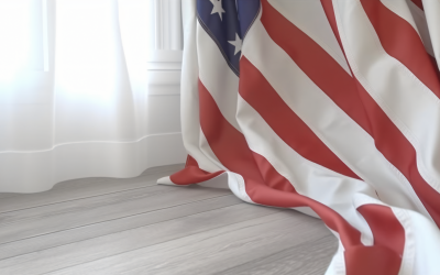 Zbliżenie machającej flagi USA w rogu z miejscem na kopię 19