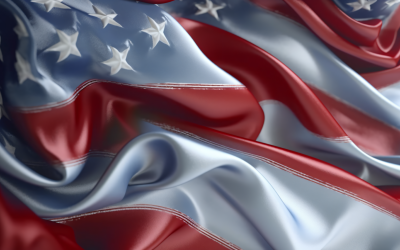 Zbliżenie machającej flagi USA w rogu z miejscem na kopię 43