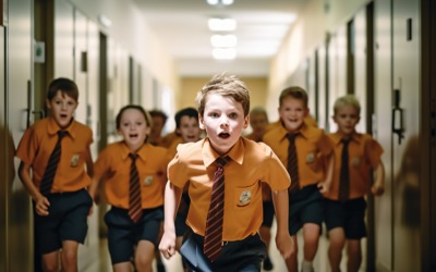 Захоплюючі діти, що повертаються до школи, біжать у класній пригоді 233