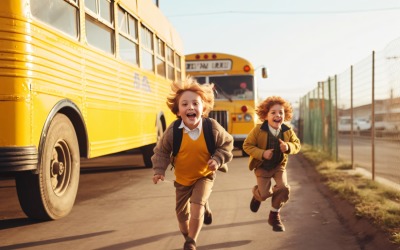 Kids running towards school, yellow bus behind the seen 297