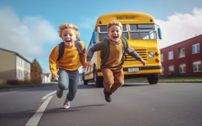 Kids running towards school, yellow bus behind the seen 298