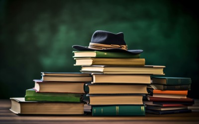 Stacked Books and Graduation Cap on top of that 7
