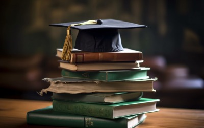 Stacked Books and Graduation Cap on top of that 8