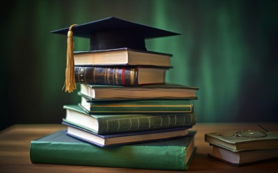 Stacked Books and Graduation Cap on top of that 9