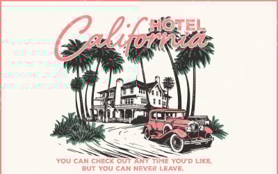 Hotel Califórnia Retro Vintage Férias Verão Praia Pôr do Sol Eagles Western Engraçado e Humorístico