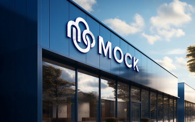 Mockup realistico del logo del segno 3d sulla facciata del negozio, edificio aziendale, mockup del logo del segno anteriore