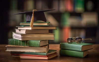 Stacked Books and Graduation Cap on top of that 10