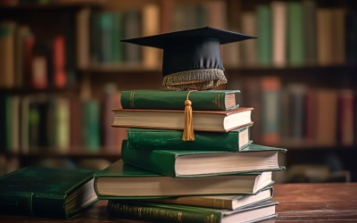 Stacked Books and Graduation Cap on top of that 12
