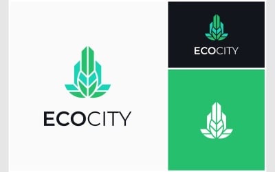 Ciudad Edificio Eco Hoja Verde Logotipo Moderno