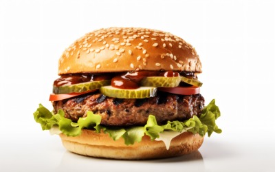 Bacon burger with beef patty, on white background 84