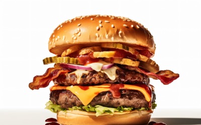 Bacon burger with beef patty, on white background 96