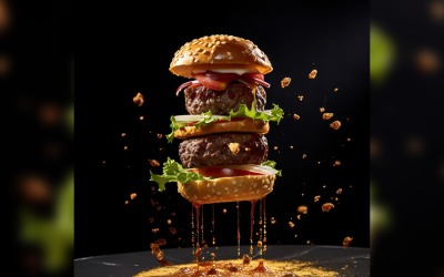 Bacon burger with beef patty and floating ingredients 61