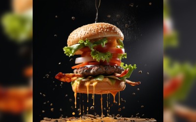 Bacon burger with beef patty and floating ingredients 64