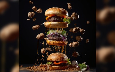 Bacon burger with beef patty and floating ingredients 68