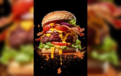 Bacon burger with beef patty and floating ingredients 75