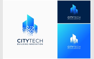 Digitales Logo mit Stadtgebäude-Pixeln