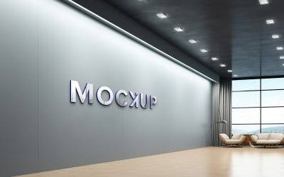 Mockup con logo 3d bianco su parete prospettica grigia per interni realistici Mockup con logo a parete per ufficio
