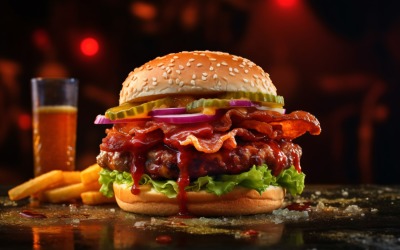 Hot hamburger, Bacon burger with beef patty and potato chips 100