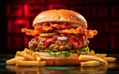 Hamburger chaud, burger au bacon avec galette de bœuf et chips de pomme de terre 99
