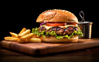 Tasty grilled beef burger with potato chips on a wooden tray  106