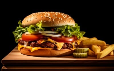 Ízletes grillezett marhahús burger burgonya chipsekkel egy fa tálcán
