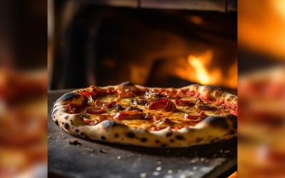 Pizza ai peperoni su una pietra per pizza davanti al fuoco 42