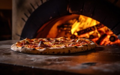 Pizzas on a pizza stone in front of a fire 43