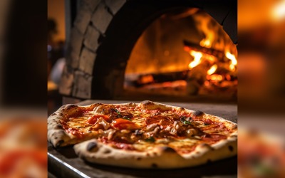 Pizzas on a pizza stone in front of a fire 45