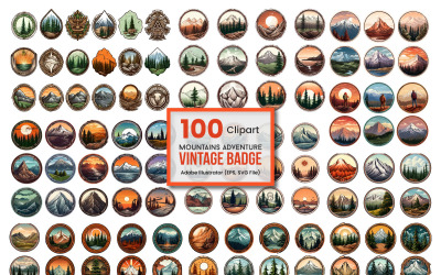 Clipart badge vintage per avventure in montagna, pacchetto di design Mountain Adventure Sublimation.